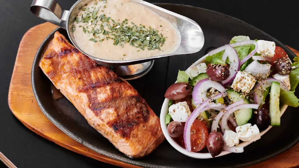 Salmon with Greek Salad and Sauce